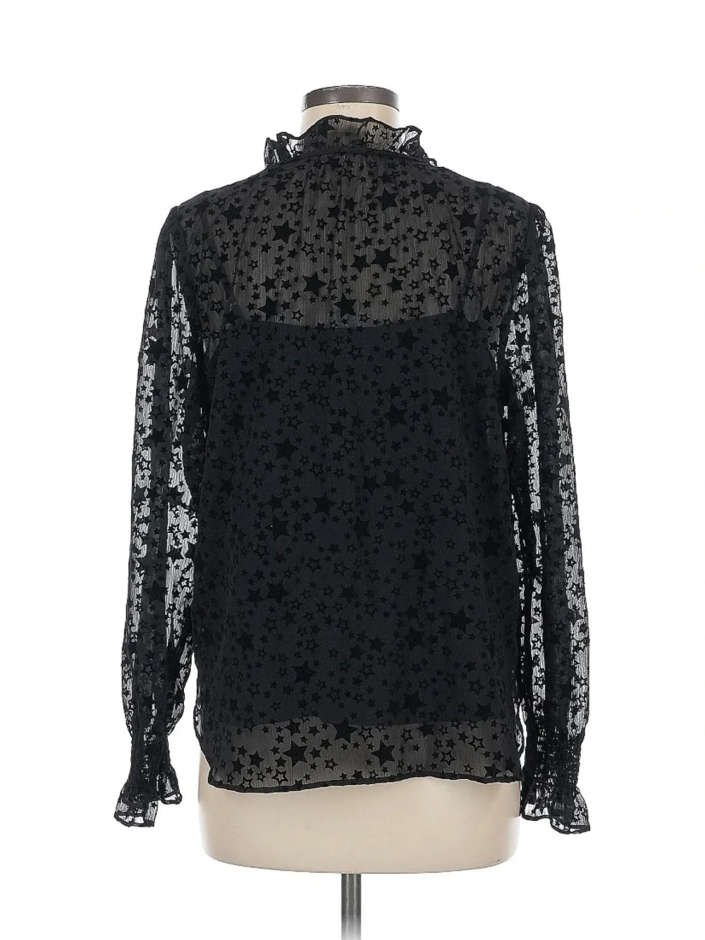 LOFT Black Star-Print Sheer Ruffle Tie-Neck Blouse - Picture 2 of 7